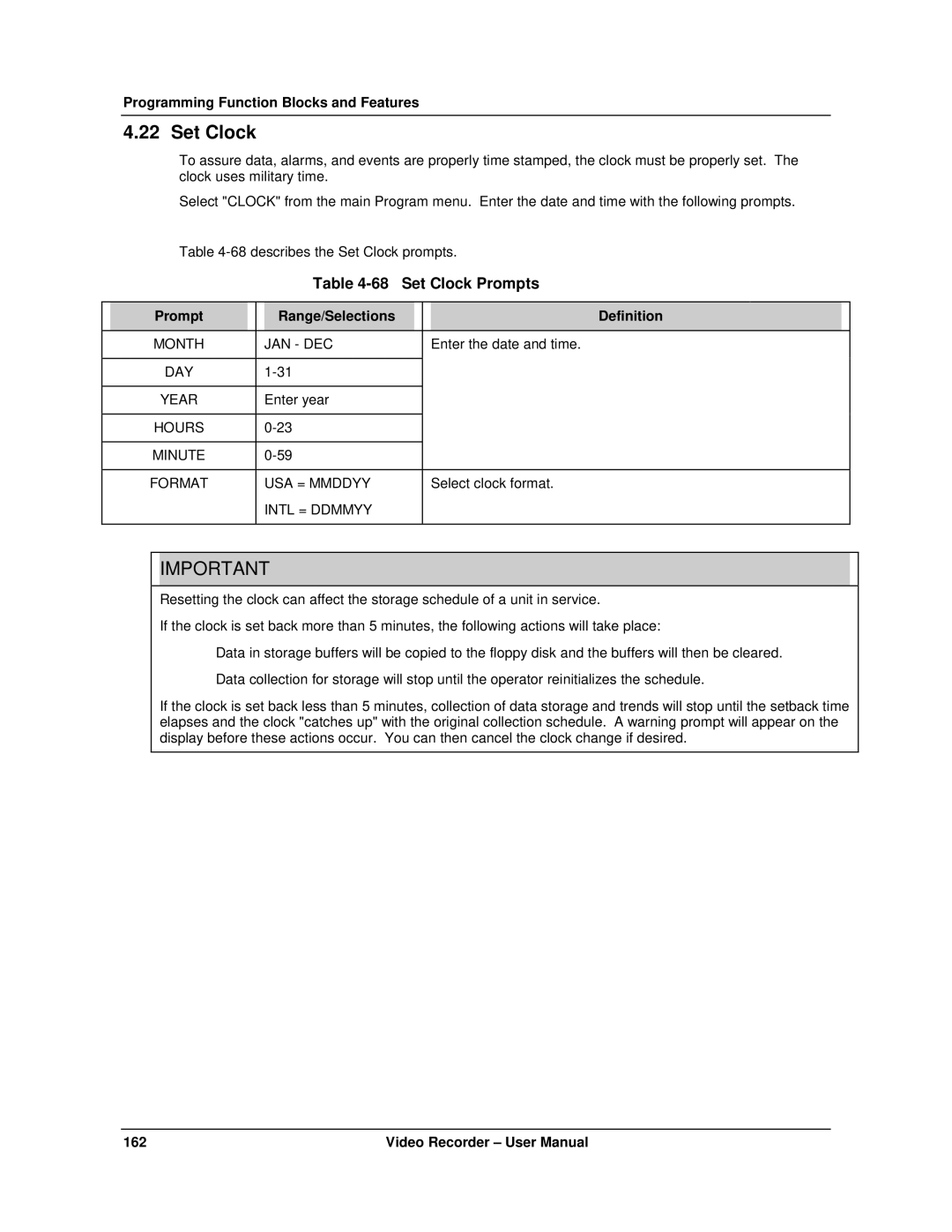 Honeywell VRX180 user manual Set Clock Prompts 