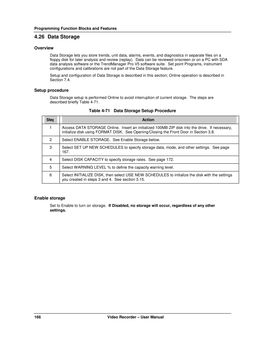 Honeywell VRX180 user manual Setup procedure, Data Storage Setup Procedure, Enable storage 