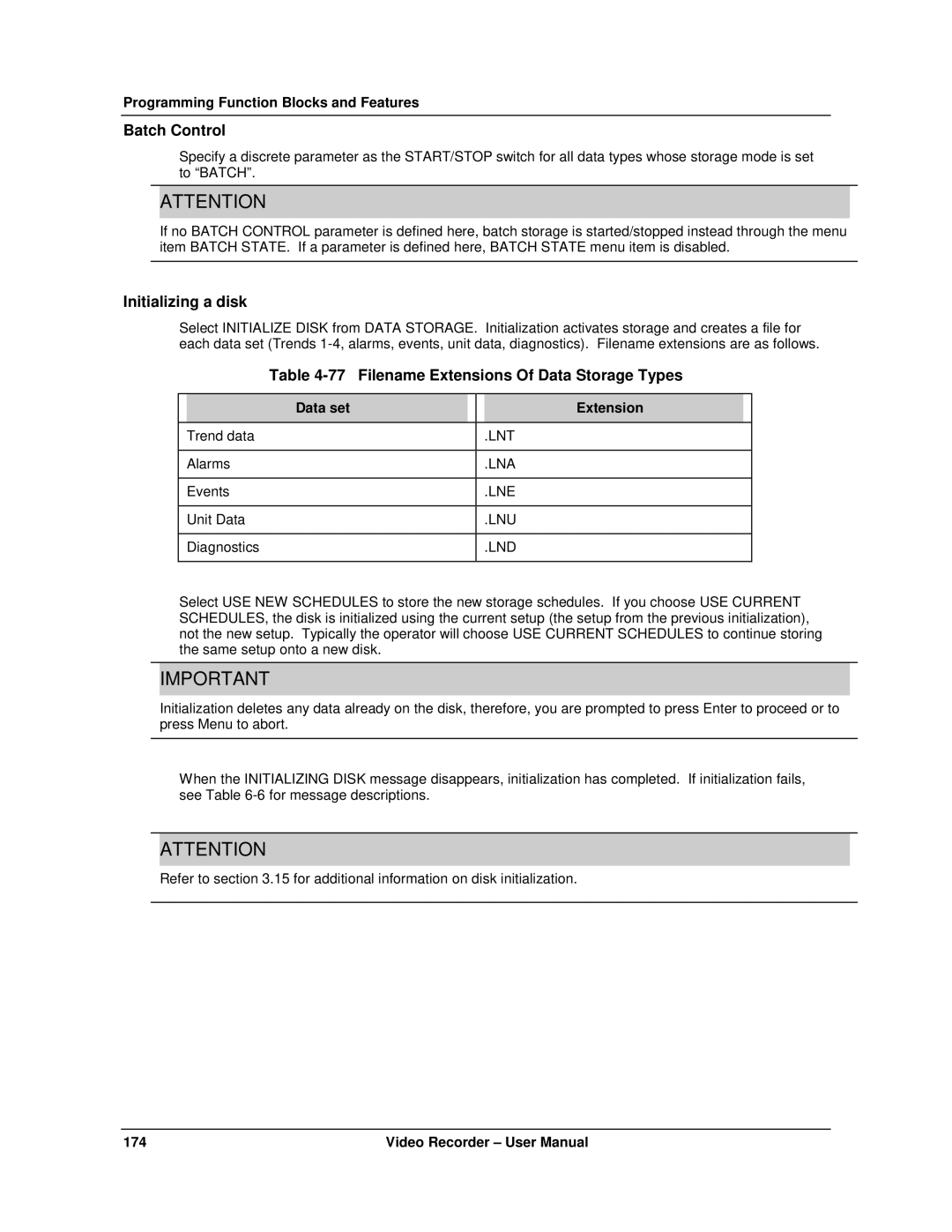 Honeywell VRX180 Batch Control, Initializing a disk, Filename Extensions Of Data Storage Types, Data set Extension 