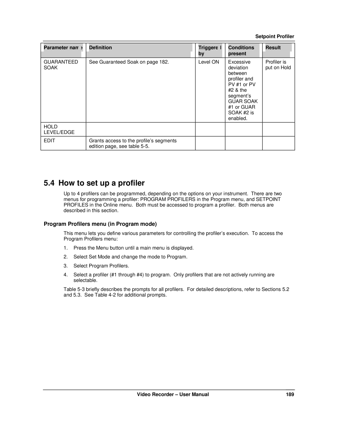 Honeywell VRX180 user manual How to set up a profiler, Program Profilers menu in Program mode 