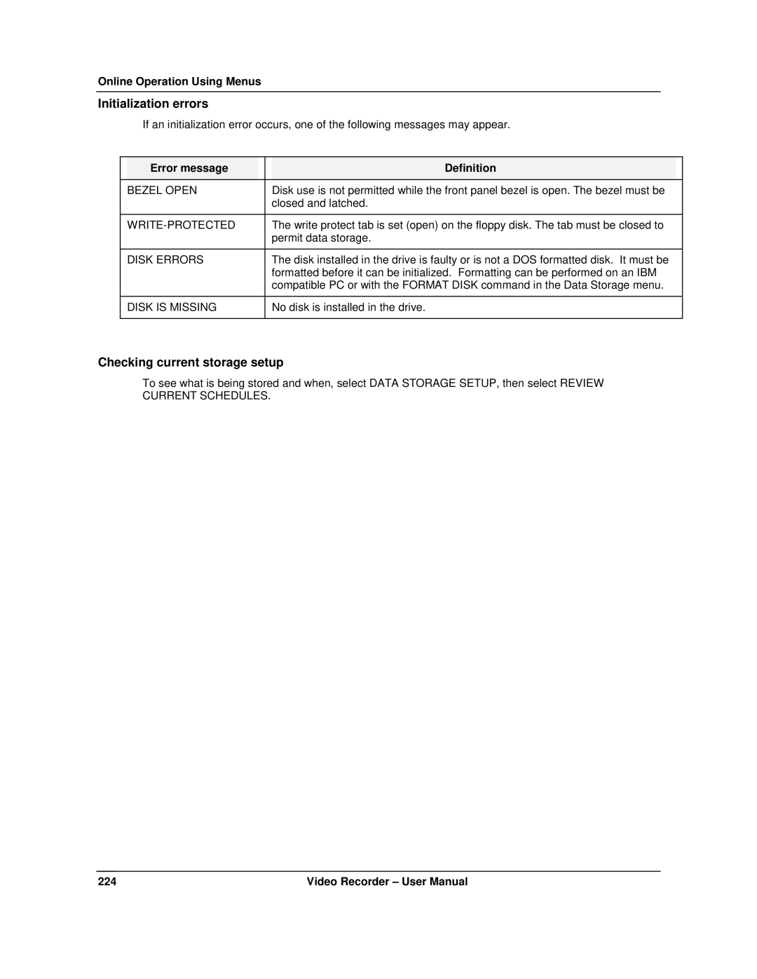 Honeywell VRX180 user manual Initialization errors, Checking current storage setup, Error message Definition 