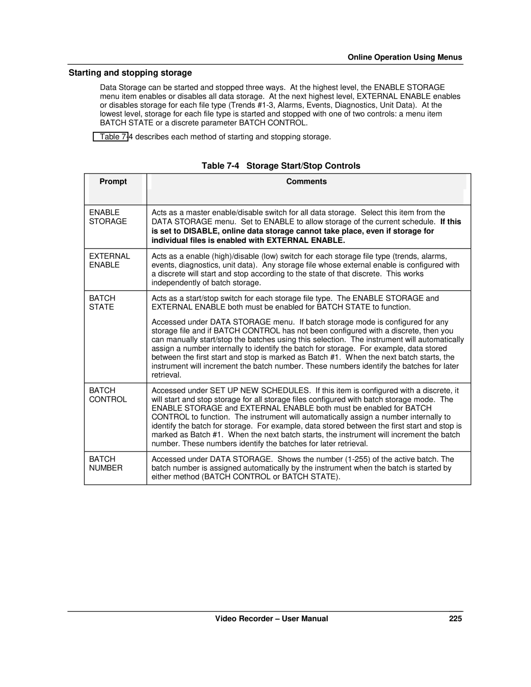 Honeywell VRX180 user manual Starting and stopping storage, Storage Start/Stop Controls, Prompt Comments 