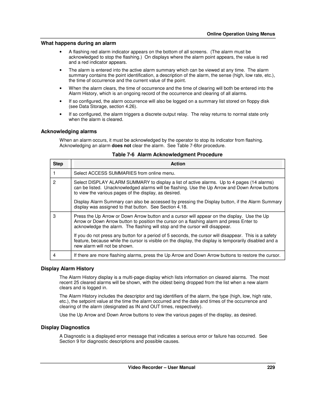 Honeywell VRX180 What happens during an alarm, Acknowledging alarms, Alarm Acknowledgment Procedure, Display Alarm History 