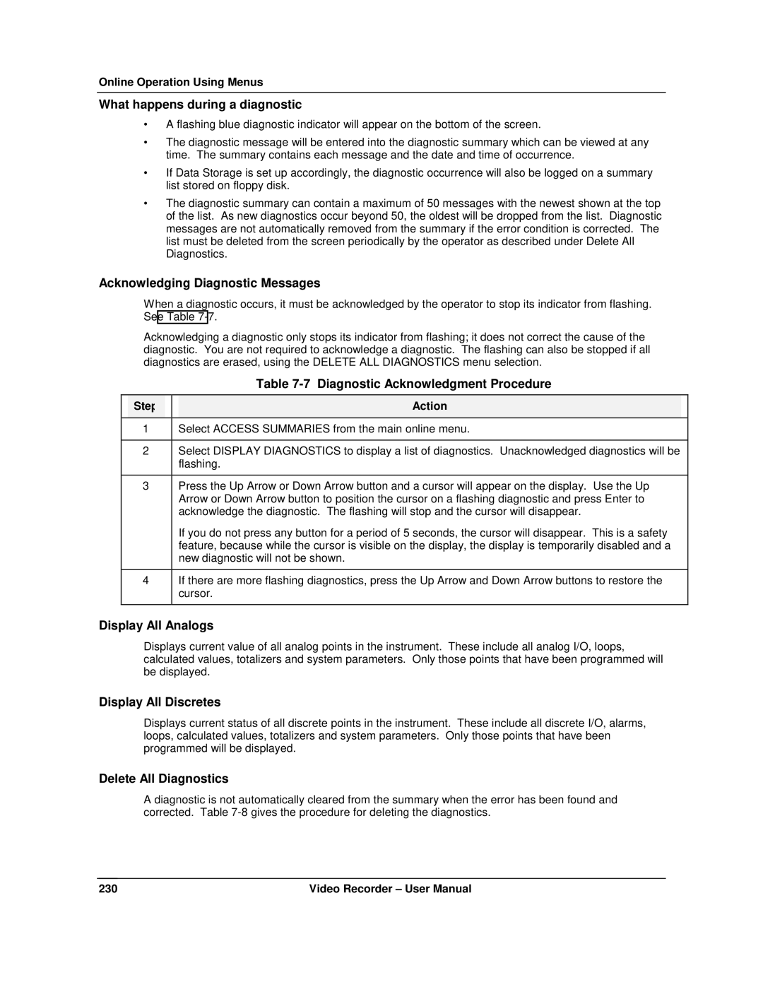 Honeywell VRX180 What happens during a diagnostic, Acknowledging Diagnostic Messages, Diagnostic Acknowledgment Procedure 