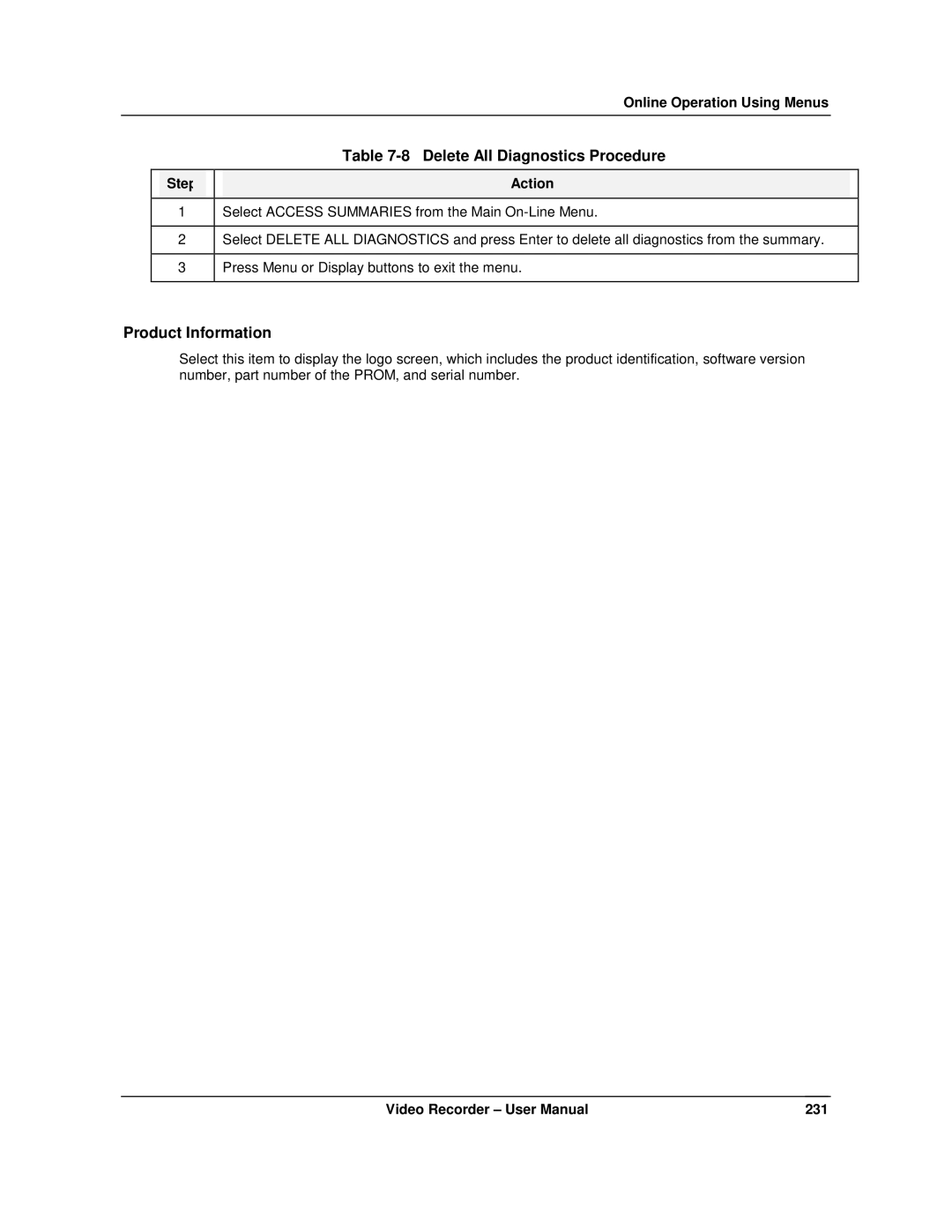 Honeywell VRX180 user manual Delete All Diagnostics Procedure, Product Information 