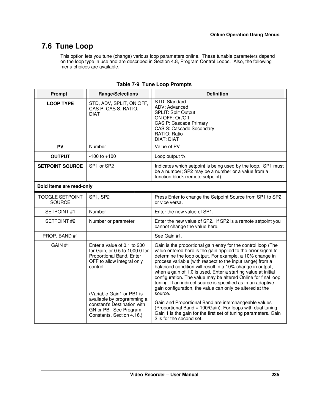 Honeywell VRX180 user manual Tune Loop Prompts, Bold items are read-only 