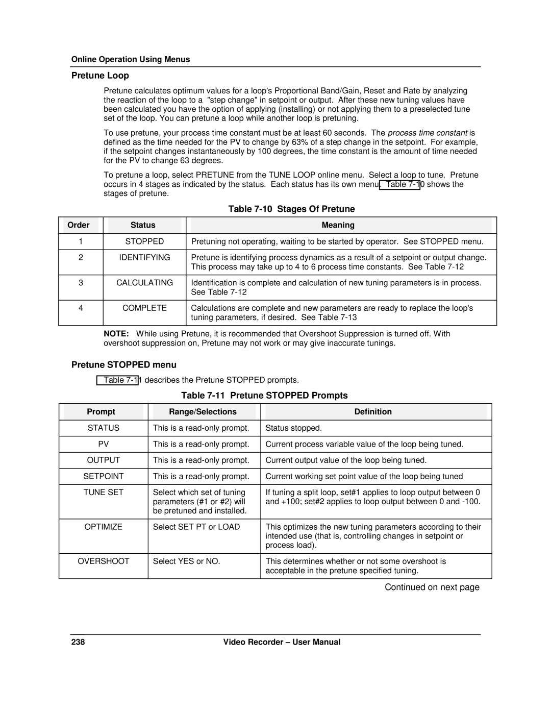 Honeywell VRX180 Pretune Loop, Stages Of Pretune, Pretune Stopped menu, Pretune Stopped Prompts, Order Status Meaning 