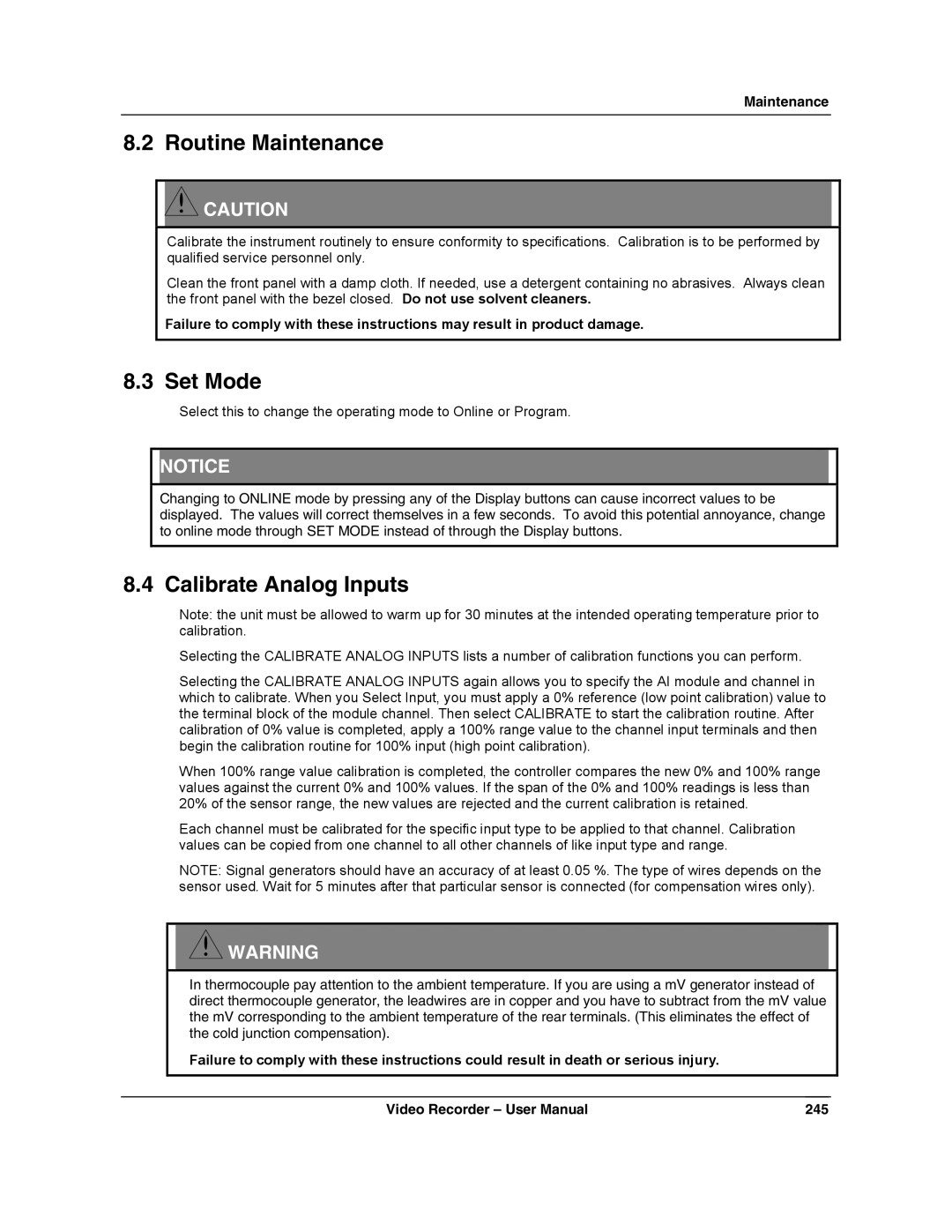 Honeywell VRX180 user manual Routine Maintenance, Calibrate Analog Inputs 