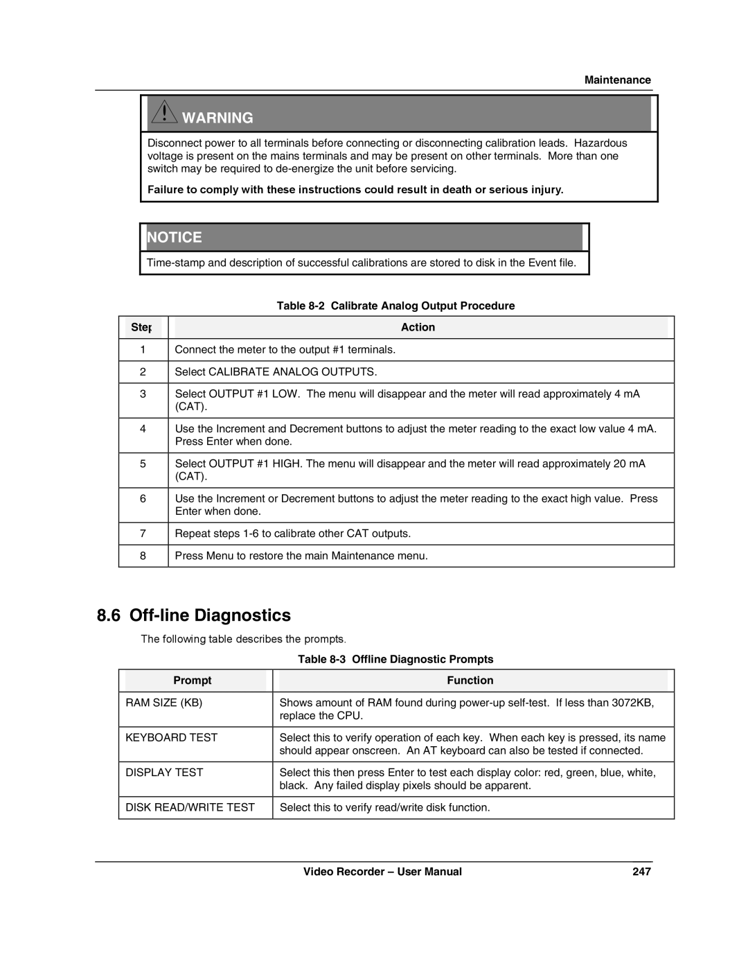 Honeywell VRX180 user manual Off-line Diagnostics, Calibrate Analog Output Procedure Step Action 