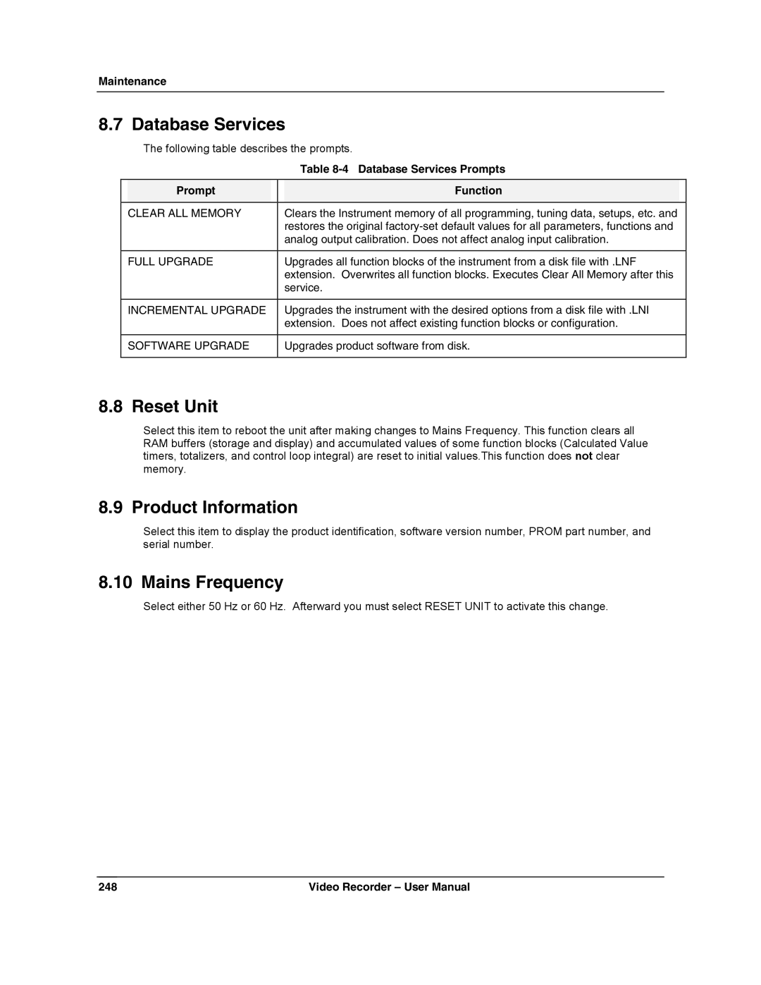 Honeywell VRX180 user manual Database Services, Reset Unit, Product Information, Mains Frequency 