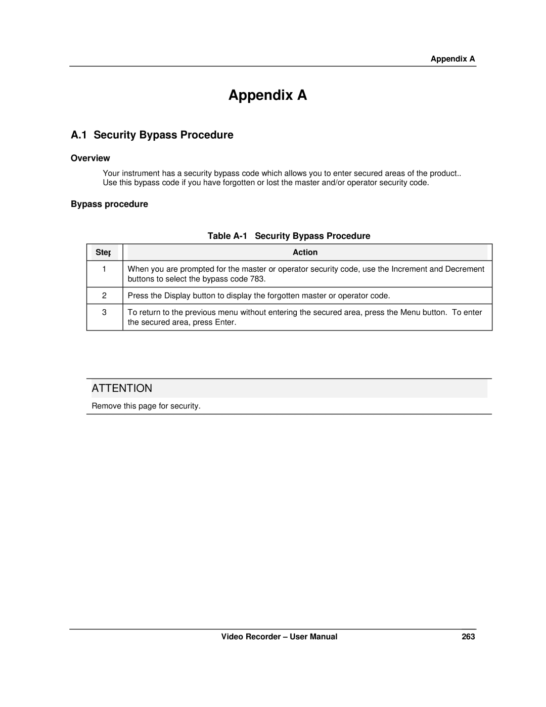 Honeywell VRX180 user manual Appendix a, Security Bypass Procedure 