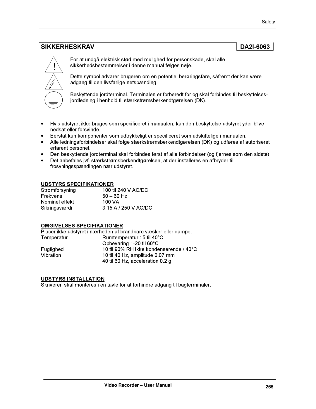 Honeywell VRX180 user manual Sikkerheskrav, DA2I-6063 