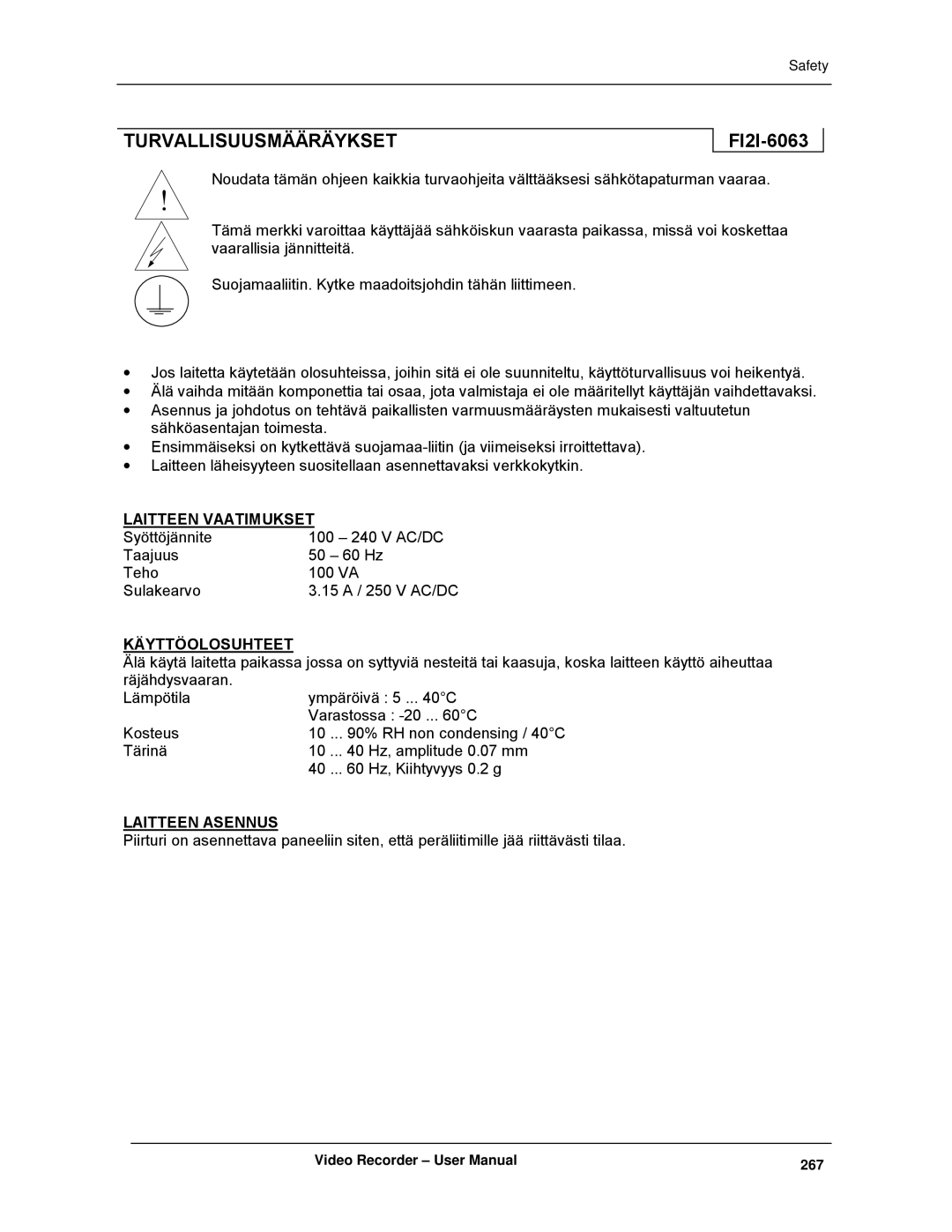 Honeywell VRX180 user manual Turvallisuusmääräykset, FI2I-6063 