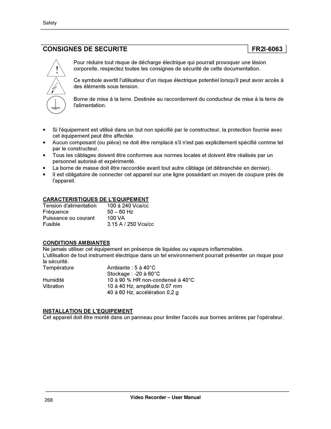 Honeywell VRX180 user manual Consignes DE Securite, FR2I-6063 