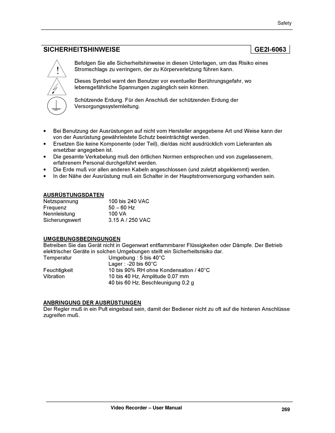 Honeywell VRX180 user manual Sicherheitshinweise, GE2I-6063 