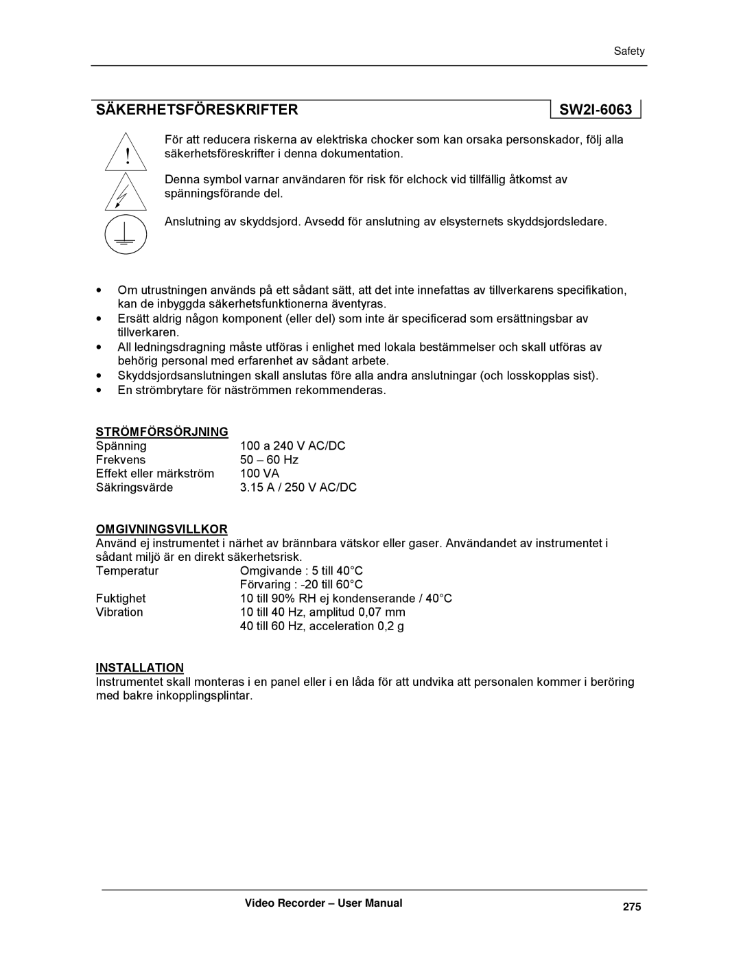 Honeywell VRX180 user manual Säkerhetsföreskrifter, SW2I-6063 