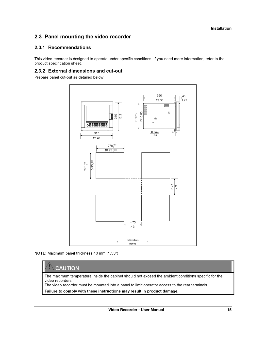 Honeywell VRX180 user manual Panel mounting the video recorder, Recommendations 