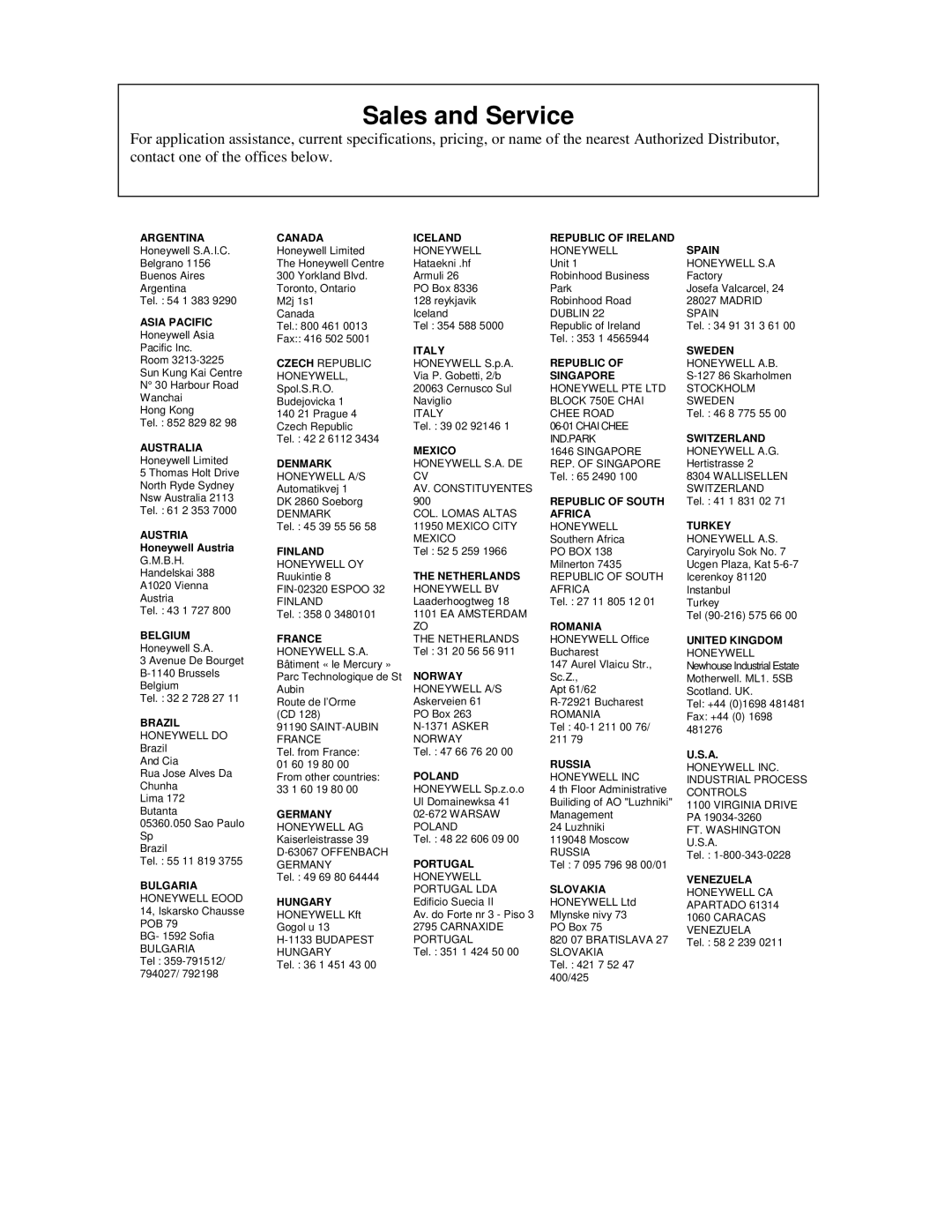 Honeywell VRX180 user manual Sales and Service 