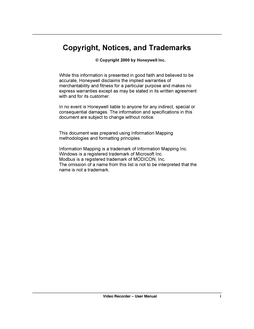 Honeywell VRX180 user manual Copyright, Notices, and Trademarks, Copyright 2000 by Honeywell Inc 