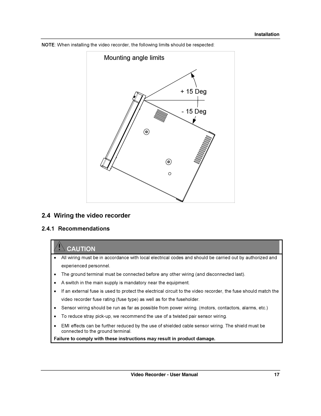 Honeywell VRX180 user manual Wiring the video recorder 