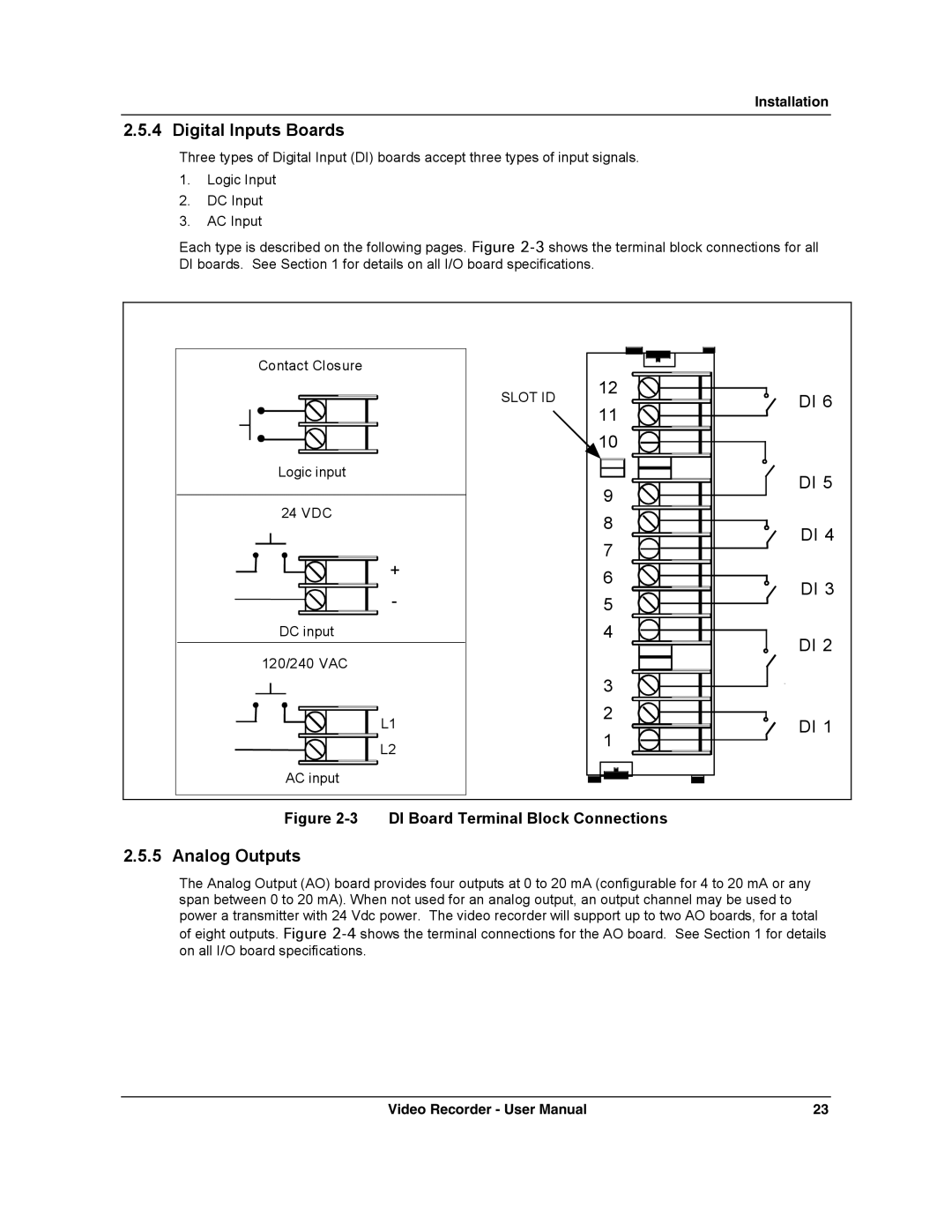 Honeywell VRX180 user manual DI Board Terminal Block Connections, Slot ID 