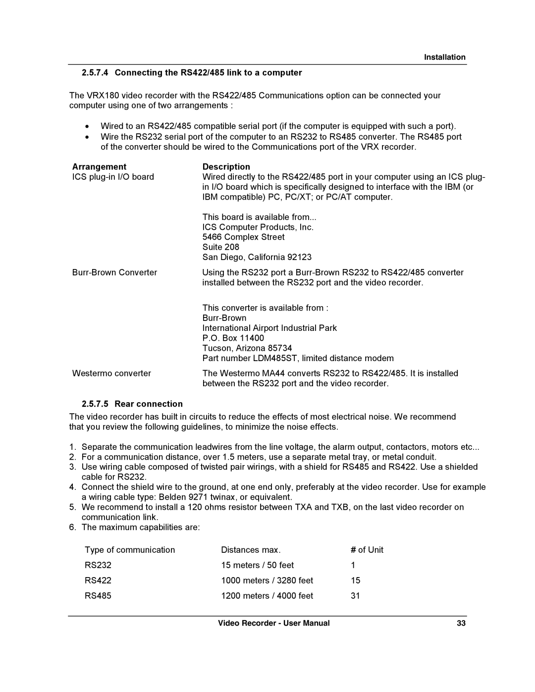 Honeywell VRX180 user manual Connecting the RS422/485 link to a computer, Arrangement Description, Rear connection 