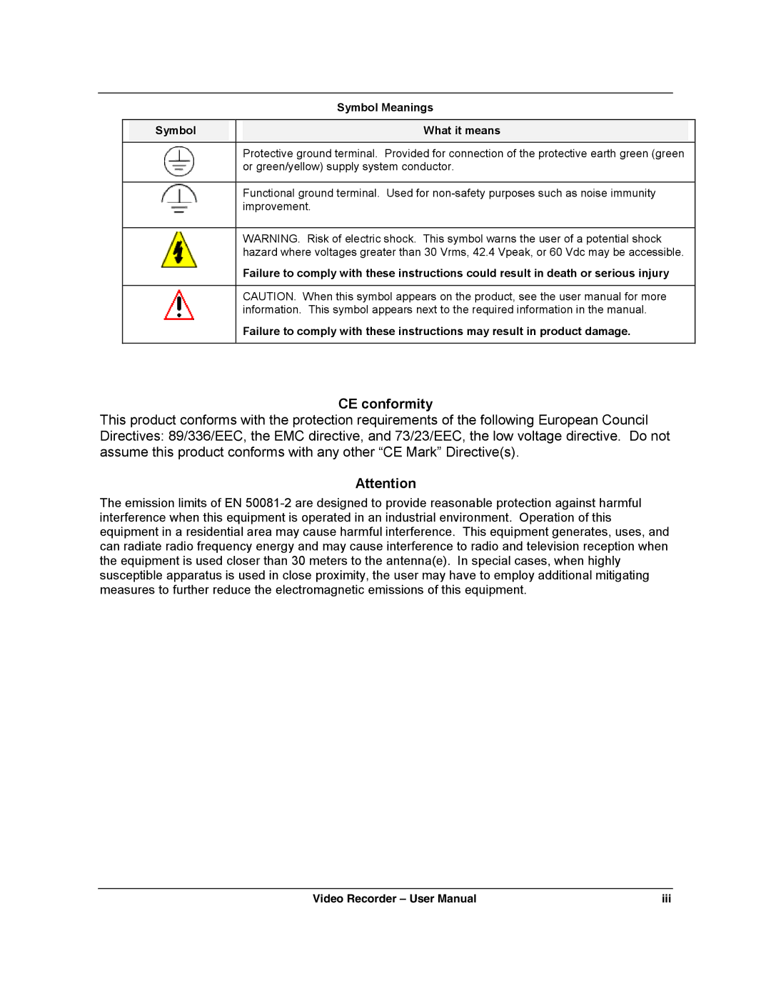 Honeywell VRX180 user manual CE conformity, Symbol Meanings What it means 