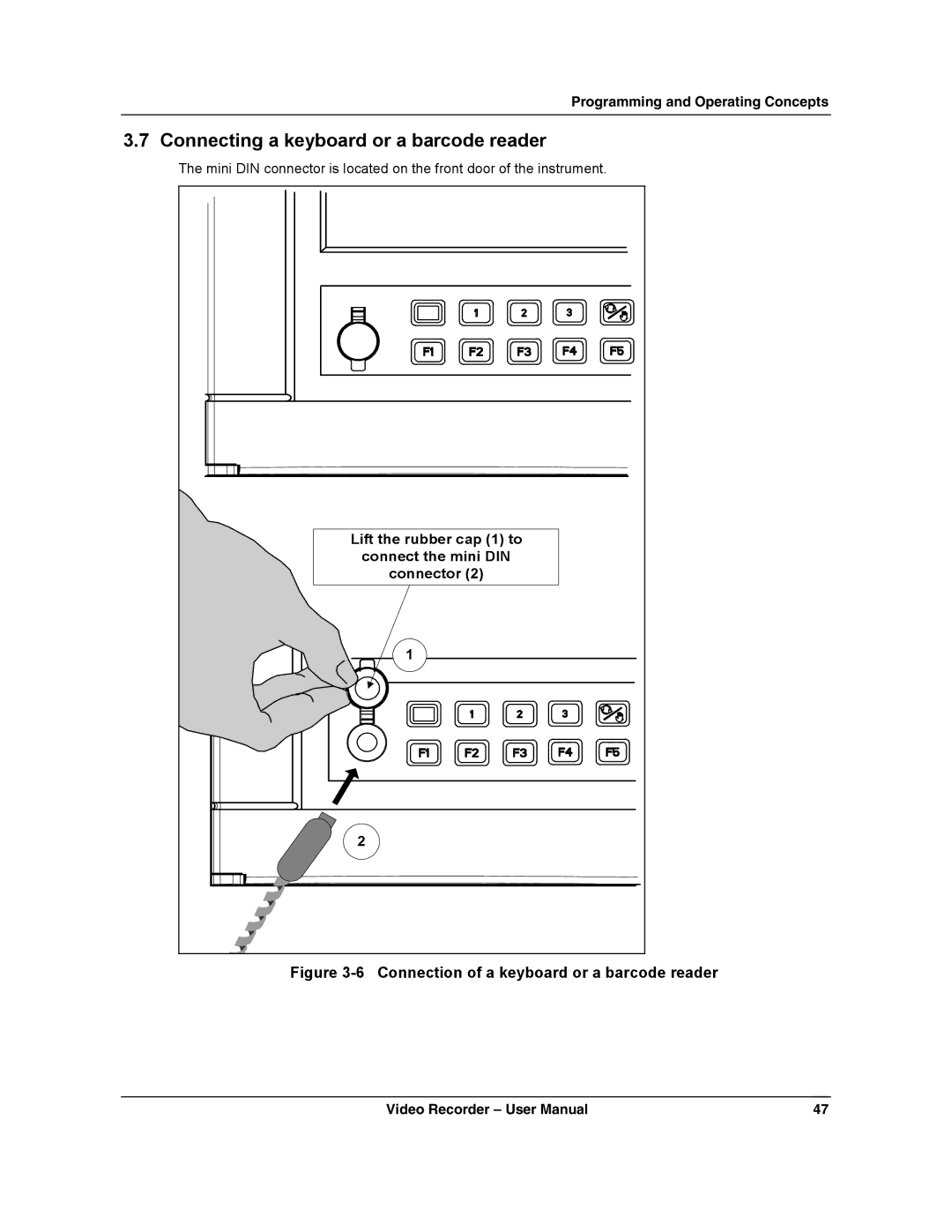 Honeywell VRX180 Connecting a keyboard or a barcode reader, Lift the rubber cap 1 to, Connect the mini DIN, Connector 