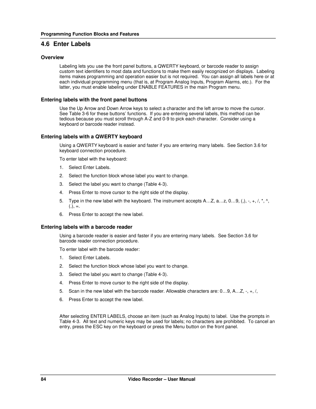 Honeywell VRX180 user manual Enter Labels, Overview, Entering labels with the front panel buttons 