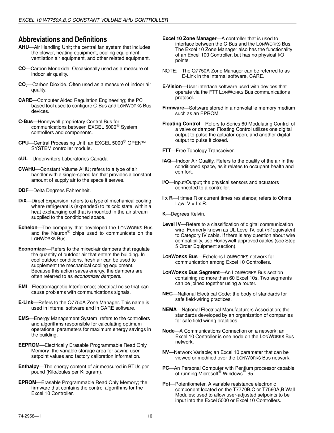 Honeywell W7750A specifications Abbreviations and Definitions 