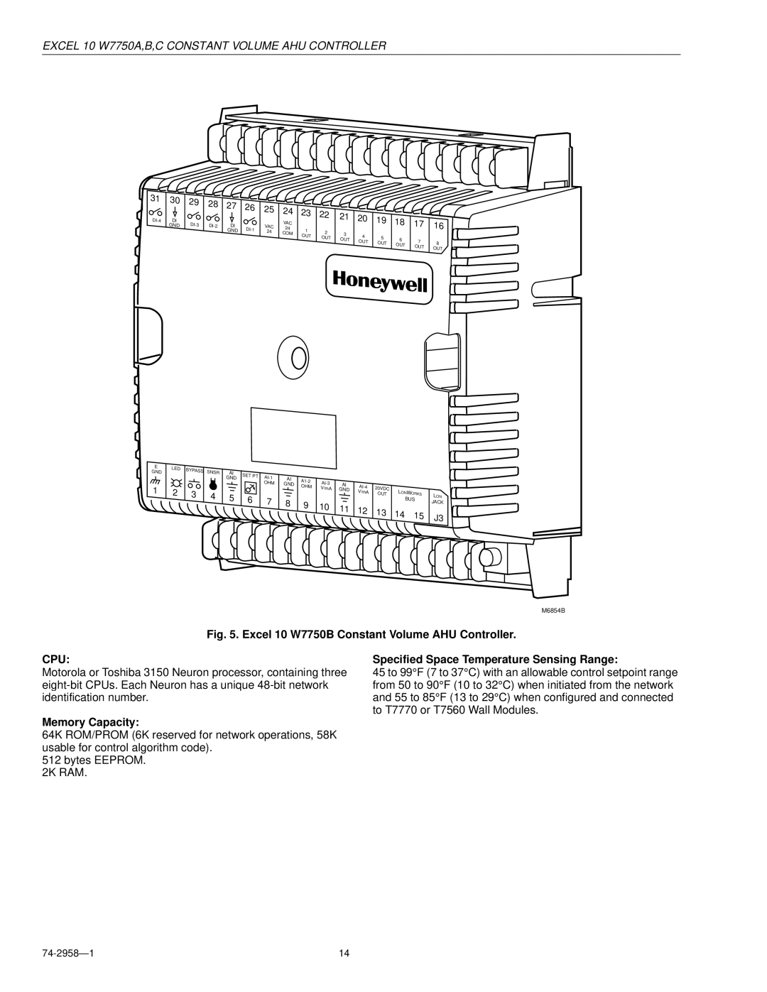 Honeywell W7750A specifications Cpu, Memory Capacity, Specified Space Temperature Sensing Range 