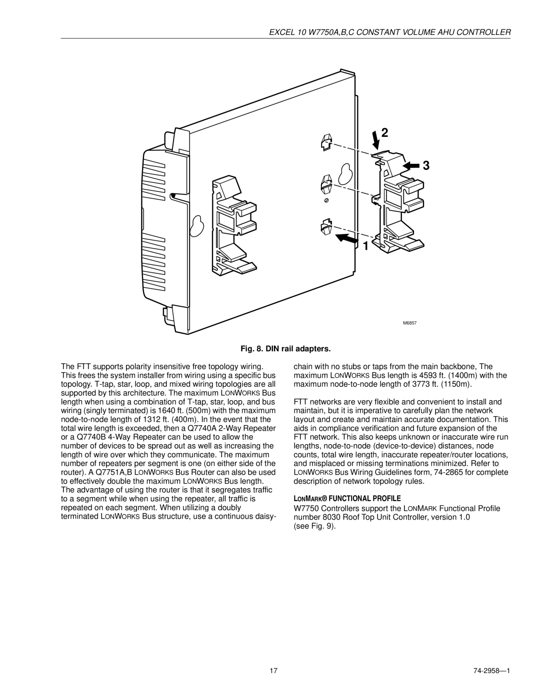 Honeywell W7750A specifications DIN rail adapters, Lonmark Functional Profile 