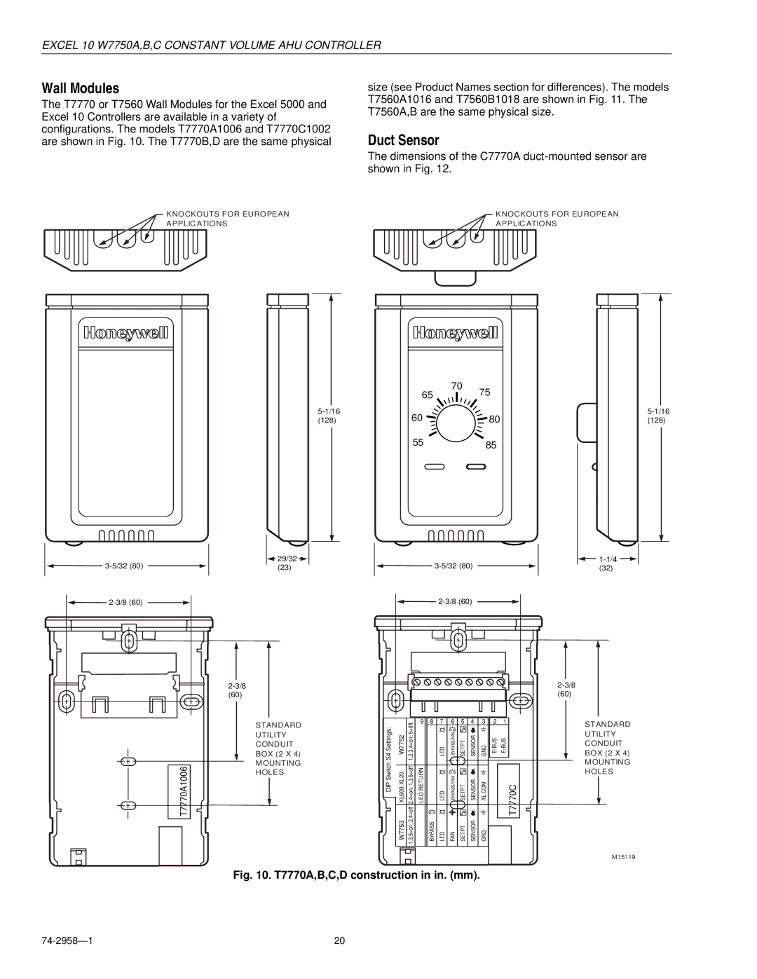 Honeywell W7750A specifications Wall Modules, Duct Sensor, T7770A1006, T7770C 