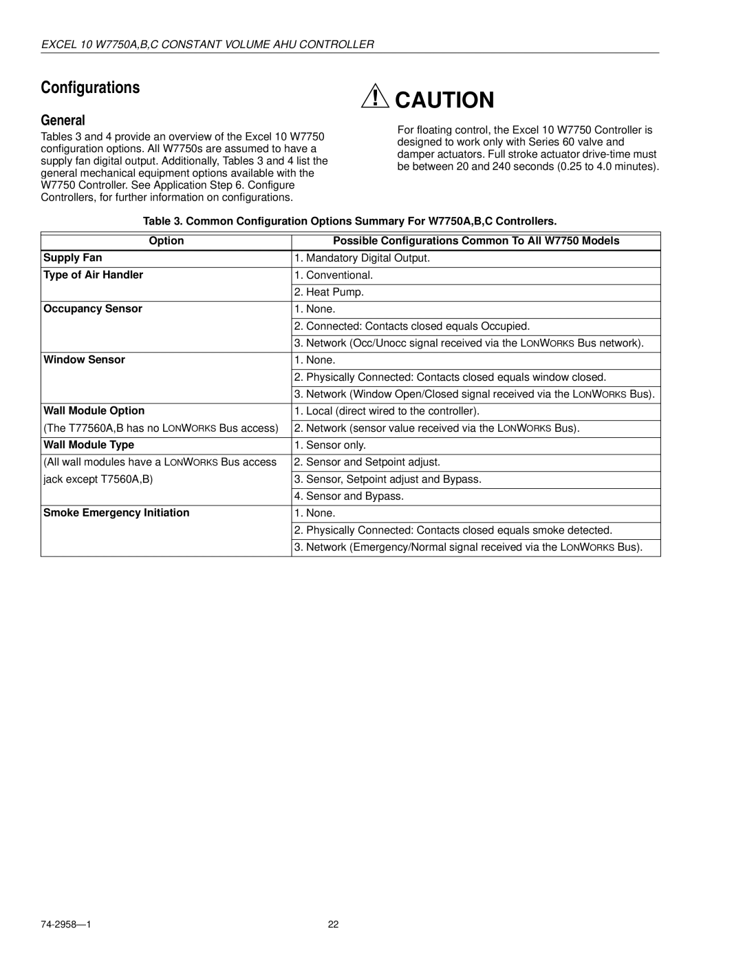 Honeywell W7750A specifications Configurations, General 