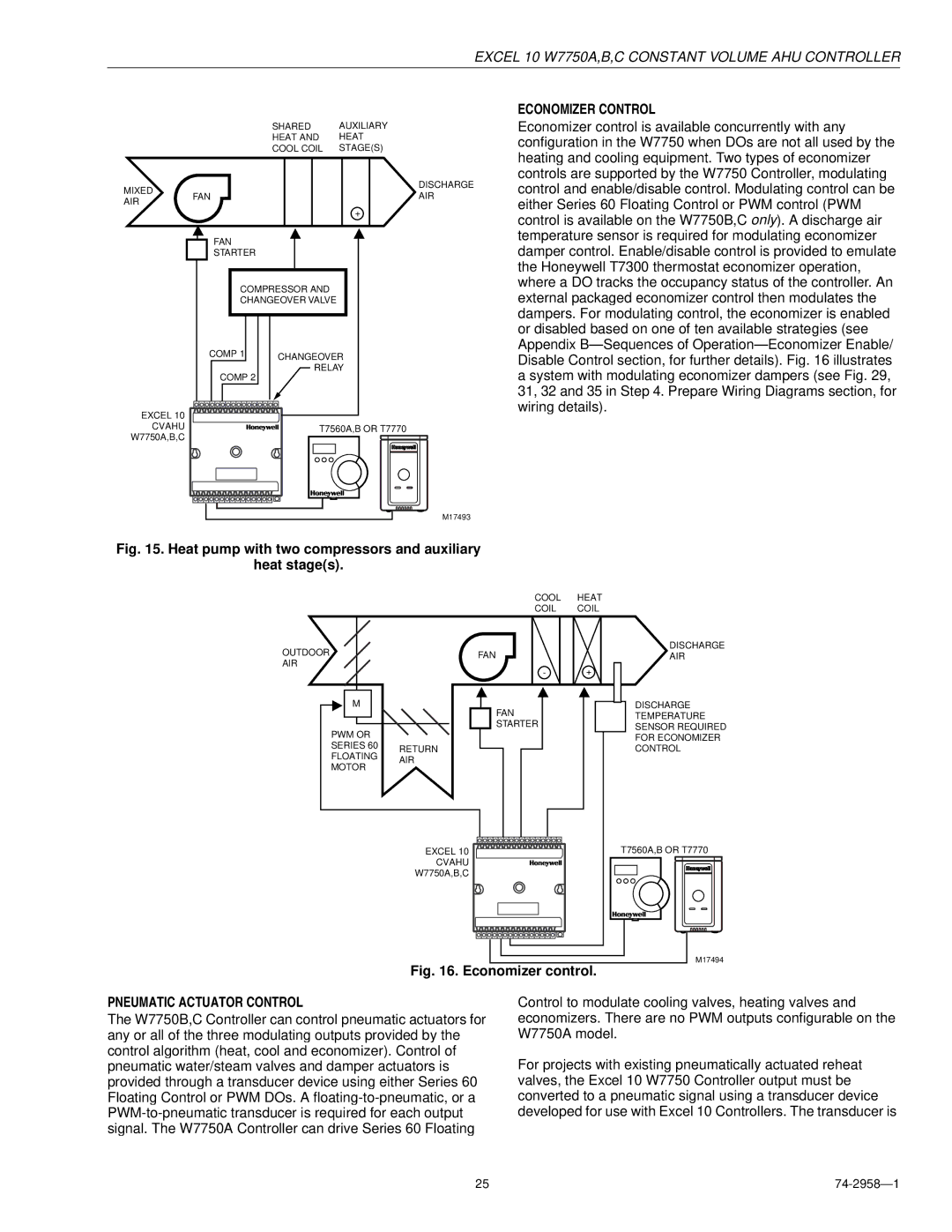 Honeywell W7750A specifications Economizer Control, Pneumatic Actuator Control 