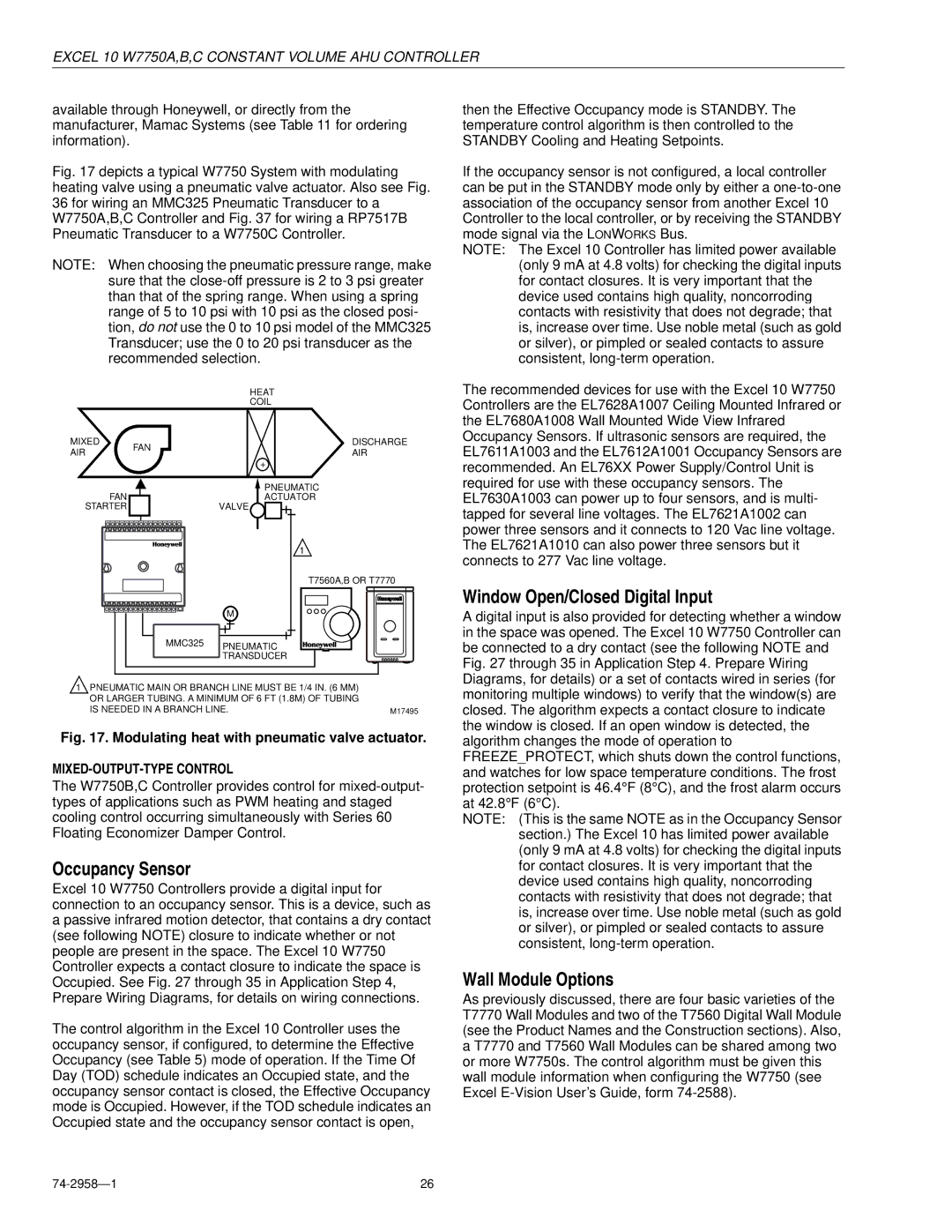 Honeywell W7750A Occupancy Sensor, Window Open/Closed Digital Input, Wall Module Options, MIXED-OUTPUT-TYPE Control 