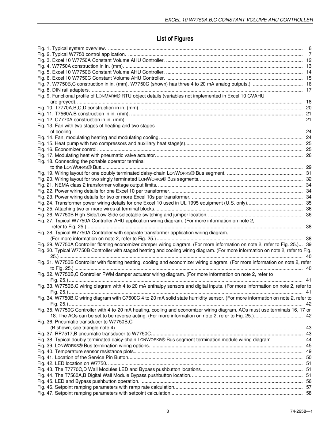 Honeywell W7750A specifications List of Figures, 74-2958 