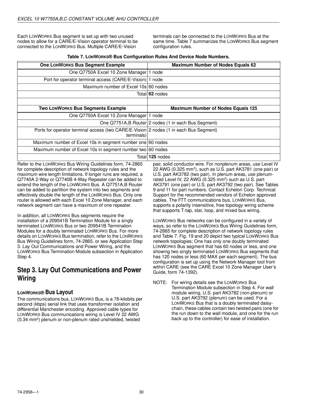 Honeywell W7750A specifications Lay Out Communications and Power Wiring, Lonworks Bus Layout 