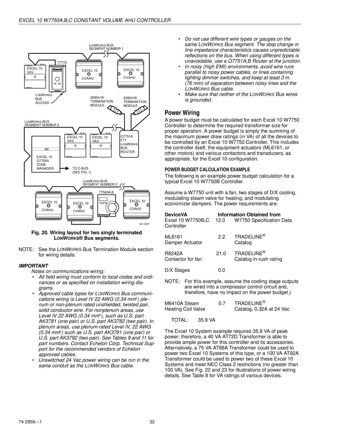 Honeywell W7750A specifications Power Wiring, Power Budget Calculation Example, DeviceVA Information Obtained from 