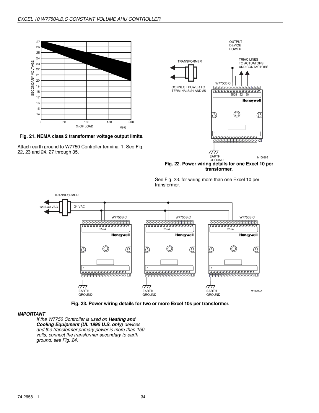 Honeywell W7750A Nema class 2 transformer voltage output limits, Power wiring details for one Excel 10 per Transformer 