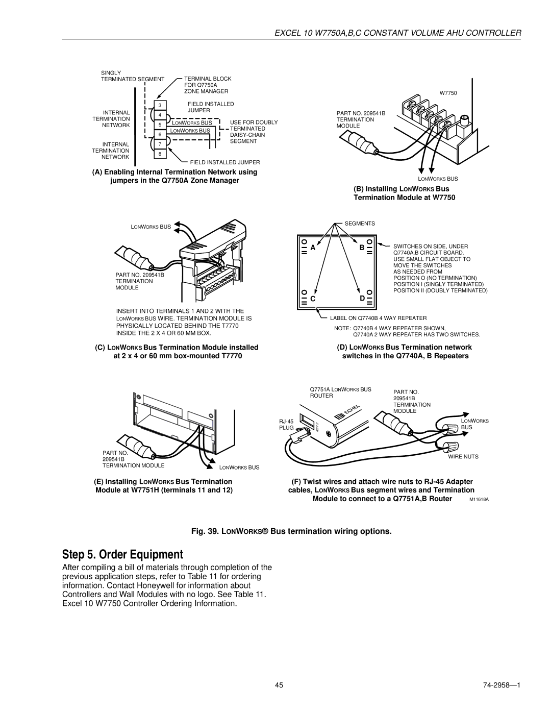 Honeywell W7750A specifications Order Equipment, Lonworks Bus termination wiring options 