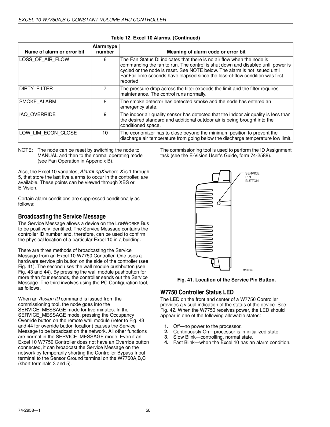 Honeywell W7750A specifications Broadcasting the Service Message, W7750 Controller Status LED 