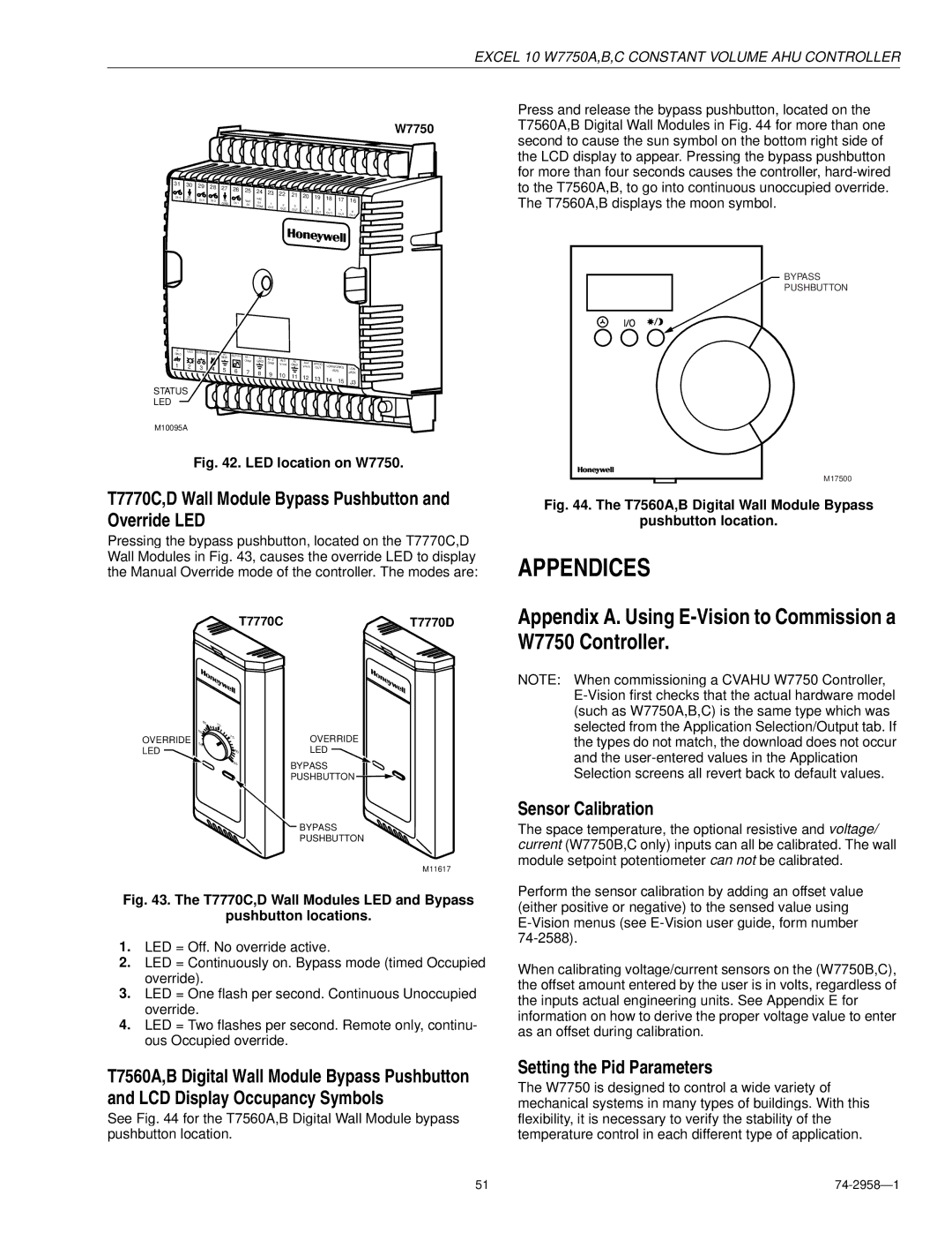 Honeywell W7750A specifications Appendix A. Using E-Vision to Commission a W7750 Controller, Sensor Calibration 