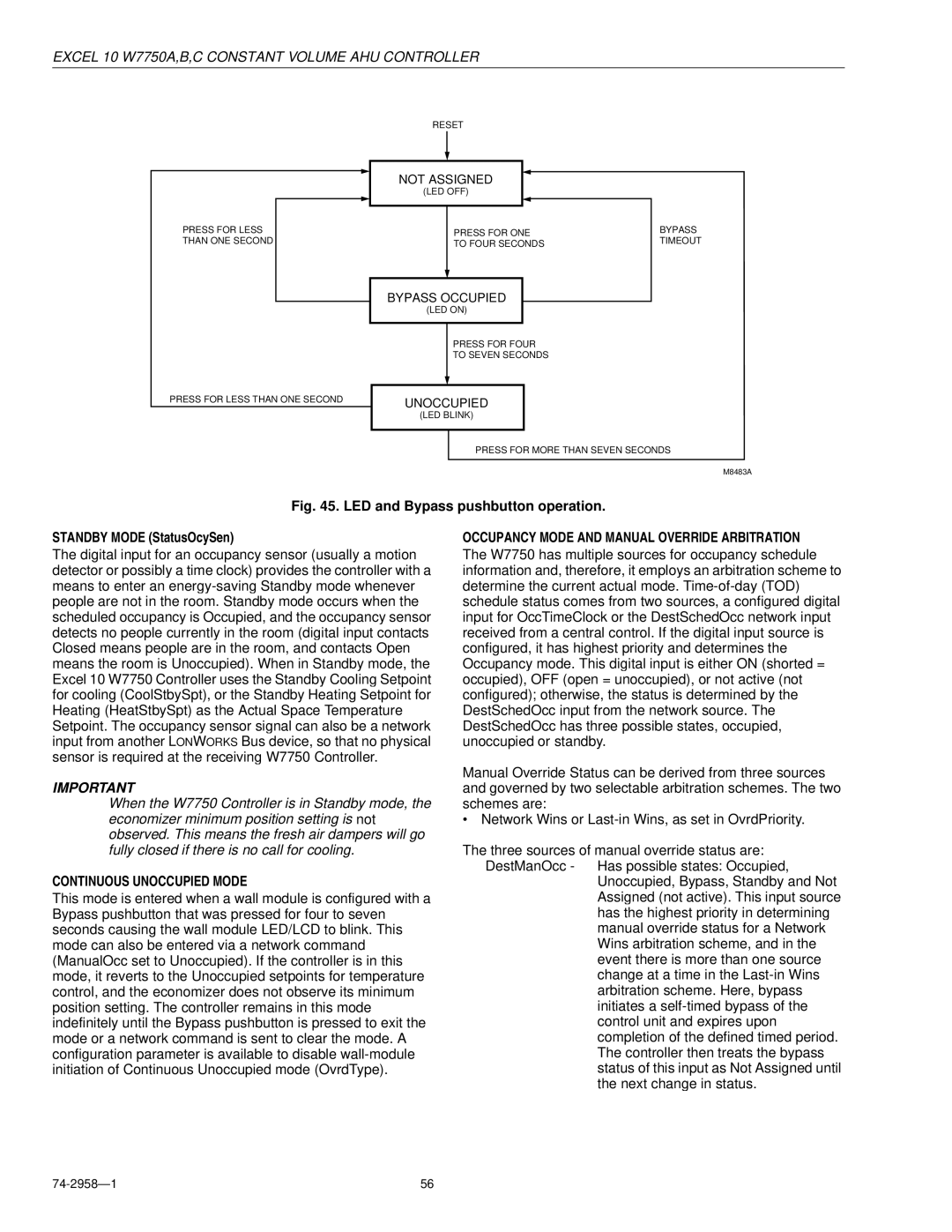 Honeywell W7750A Continuous Unoccupied Mode, Occupancy Mode and Manual Override Arbitration, Not Assigned, Bypass Occupied 