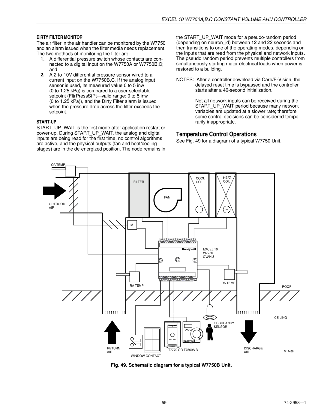 Honeywell W7750A Temperature Control Operations, Dirty Filter Monitor, See for a diagram of a typical W7750 Unit 