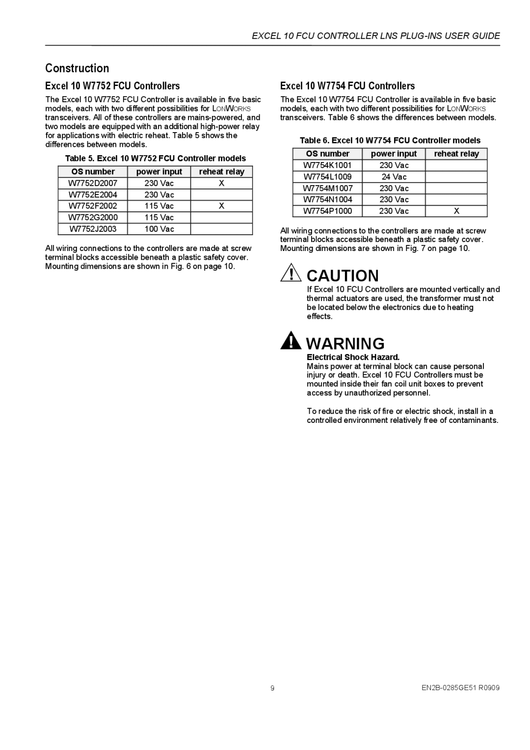 Honeywell W7752D Construction, Excel 10 W7752 FCU Controllers, Excel 10 W7754 FCU Controllers, Electrical Shock Hazard 