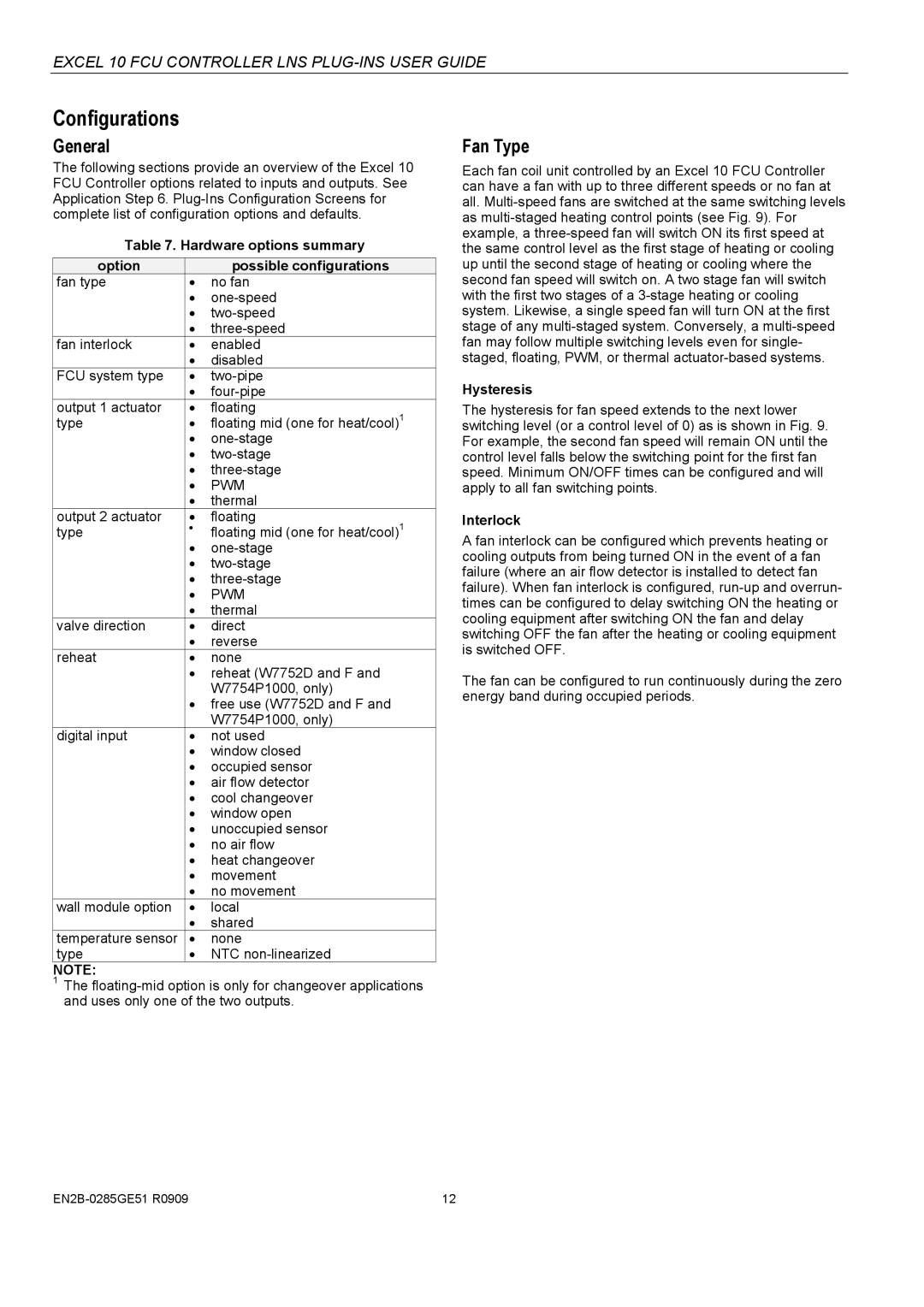 Honeywell W7752D specifications Configurations, General, Fan Type 