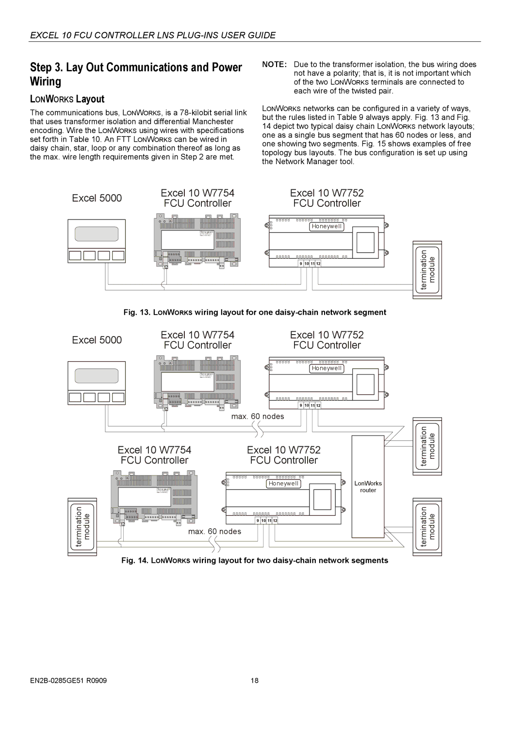 Honeywell W7752D specifications Lay Out Communications and Power Wiring, Lonworks Layout 