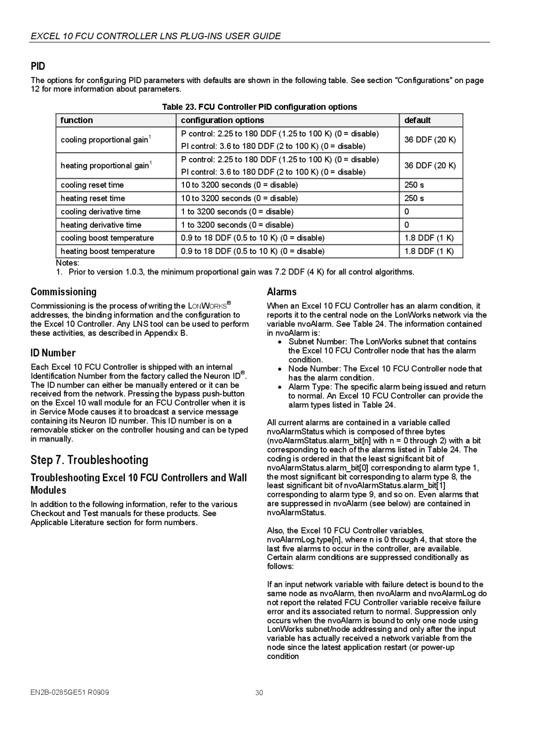 Honeywell W7752D Commissioning, ID Number, Troubleshooting Excel 10 FCU Controllers and Wall Modules, Alarms 