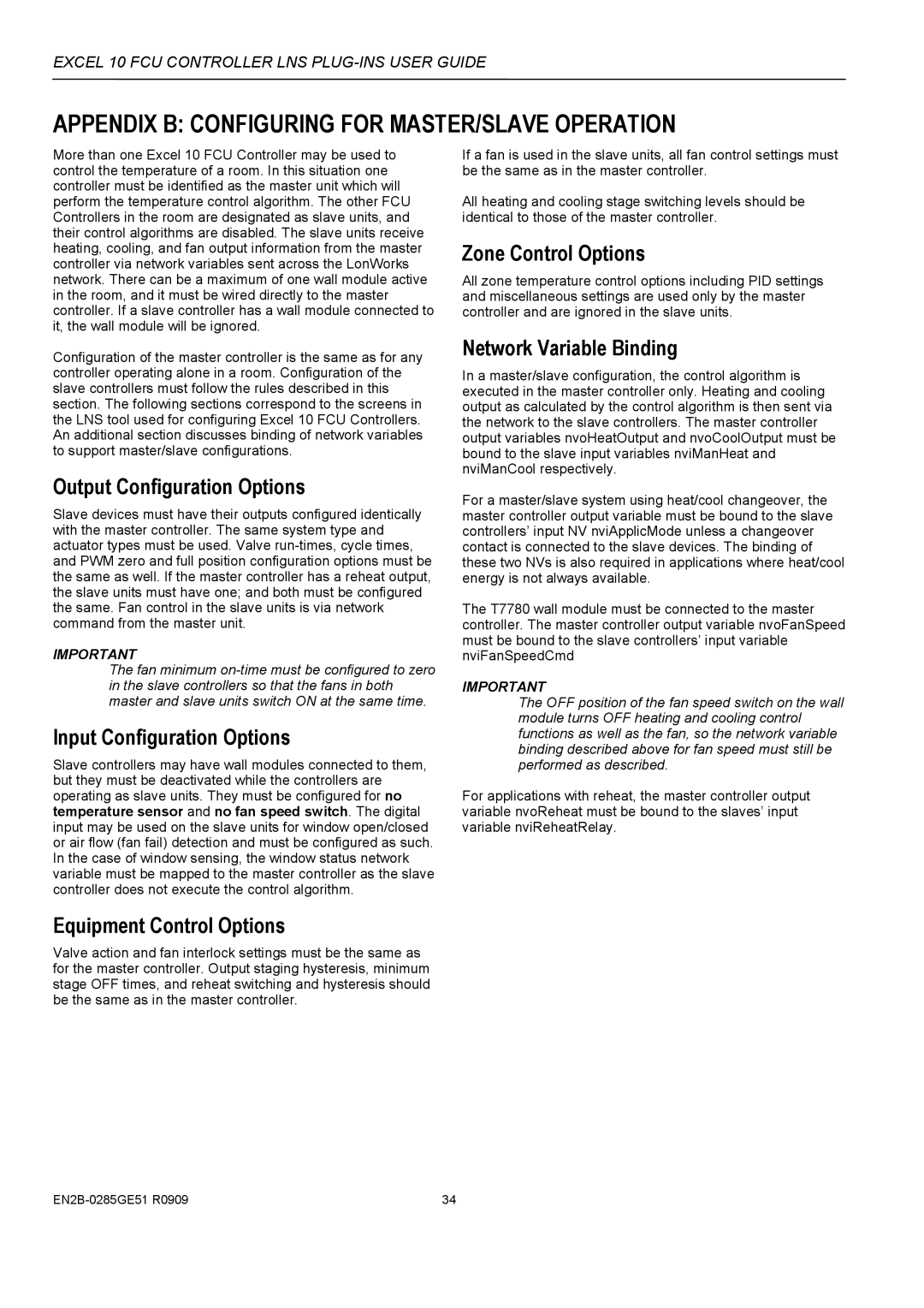 Honeywell W7752D Zone Control Options, Output Configuration Options, Input Configuration Options, Network Variable Binding 